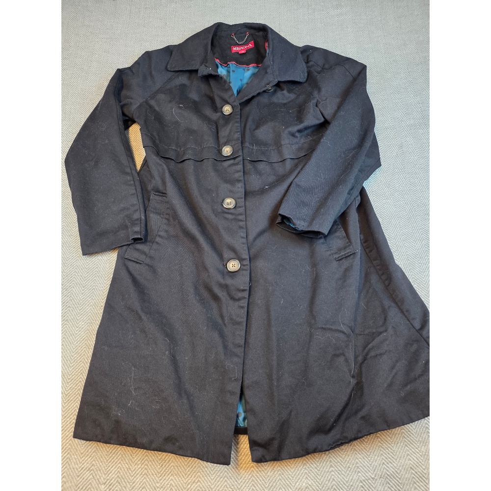 Merona Womens Black Cotton Trench Coat Teal Polka Dot Lining Size Large L